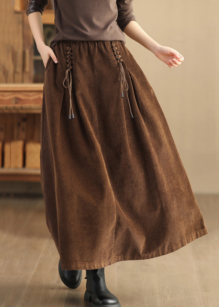 Coffee Solid Lace Up Corduroy Skirts High Waist