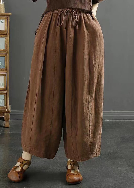 Coffee Solid Lace Up Linen Thin Harem Pants High Waist