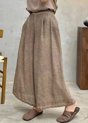 Coffee Solid Linen Summer Wide Leg Pants High Waist