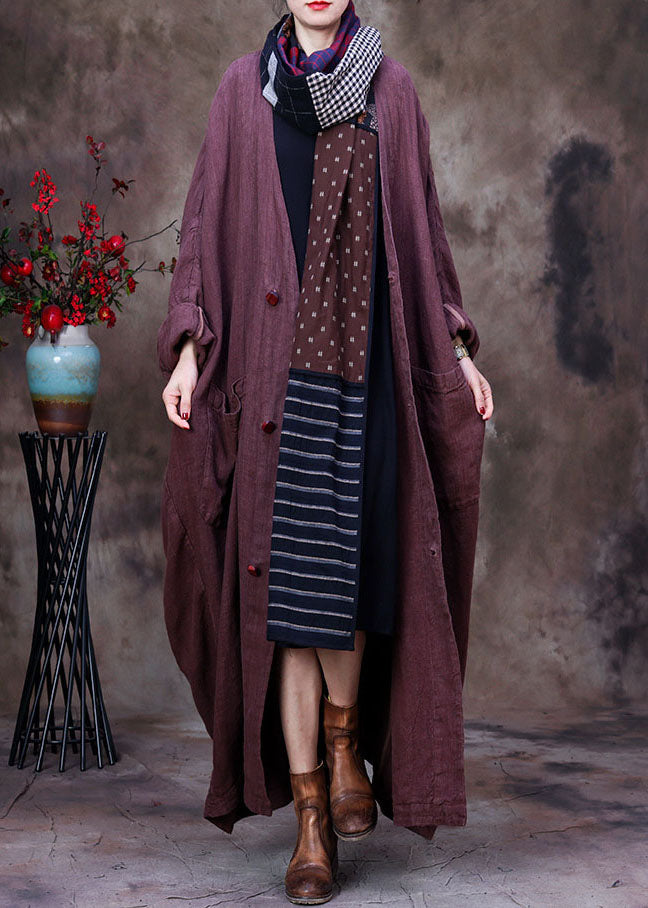 Chocolate Solid Linen Trench Coat V Neck Handmade Floral Long Sleeve