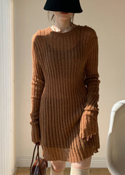 Coffee Solid Loose Knit Sweater Mid Dress O-Neck Fall