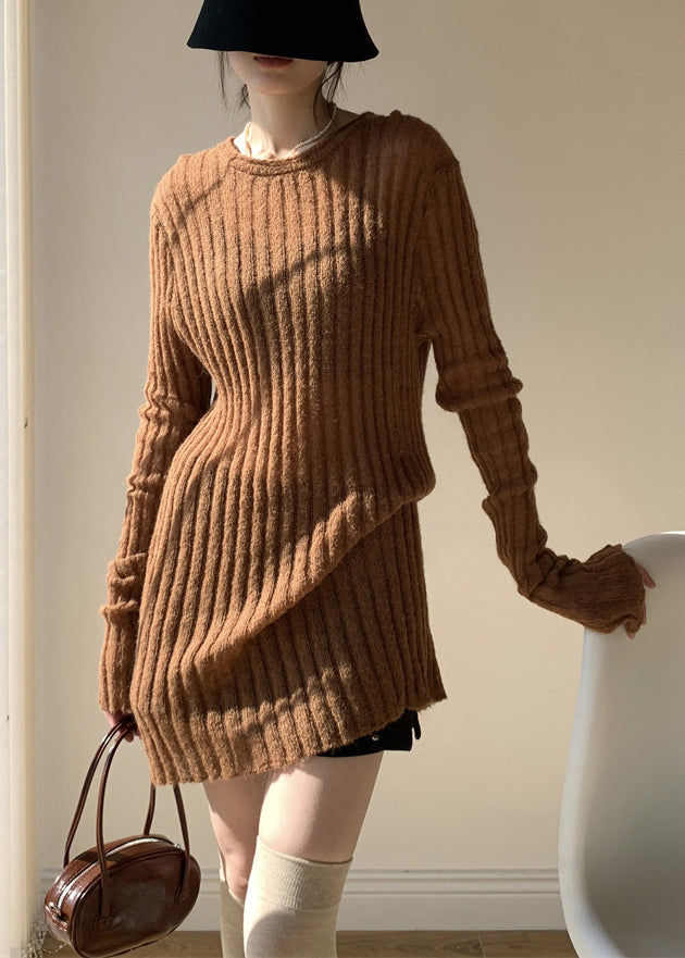 Coffee Solid Loose Knit Sweater Mid Dress O-Neck Fall