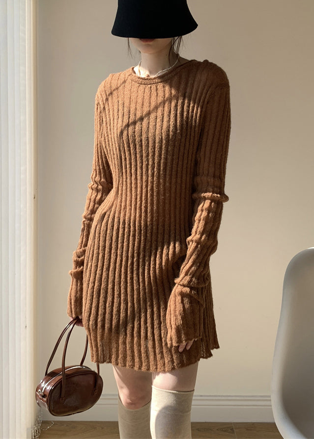 Coffee Solid Loose Knit Sweater Mid Dress O-Neck Fall