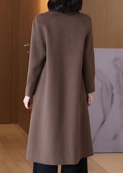 Coffee Solid Wool Coats Peter Pan Collar Long Sleeve