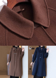 Coffee Solid Wool Coats Peter Pan Collar Long Sleeve