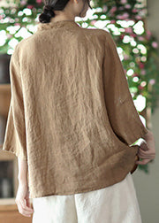 Chocolate Stand Collar Button Linen Shirts Long Sleeve