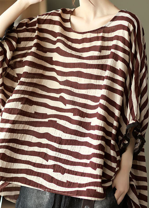 Chocolate Striped Cotton Pullover Ruffled Batwing Sleeve