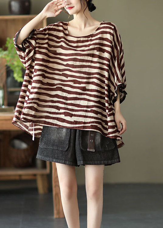 Chocolate Striped Cotton Pullover Ruffled Batwing Sleeve