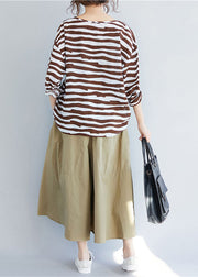 Chocolate Striped Cotton T Shirt Top V Neck Long Sleeve