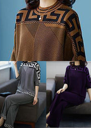 Chocolate Striped Silk Sweatshirt Two Pieces Set O-Neck Original Design Fall