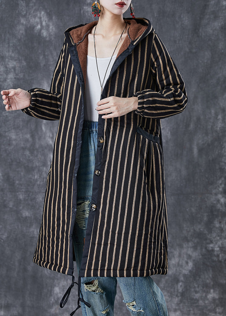 Coffee Striped Warm Fleece Coats Hooded Winter