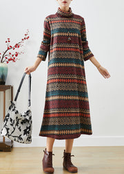 Coffee Striped Warm Fleece Long Dress Turtle Neck Winter