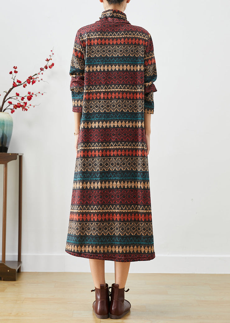 Coffee Striped Warm Fleece Long Dress Turtle Neck Winter