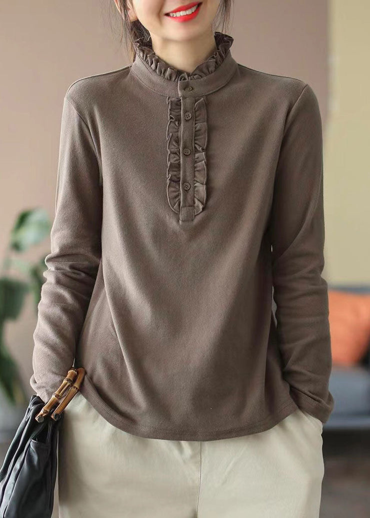 Chocolate Thick Cotton Tops Ruffled Slim Fit Spring