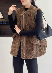 Coffee Thick Faux Fur Teddy Vests Zip Up Winter