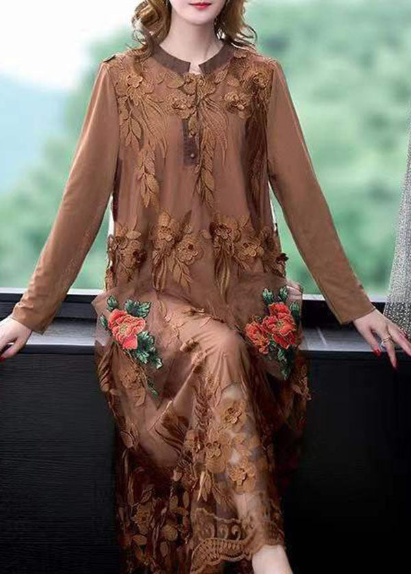 Chocolate Tulle Maxi Dress O-Neck Embroideried Spring