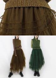 Chocolate V Neck Drawstring Tulle Patchwork Knit Long Dress Fall