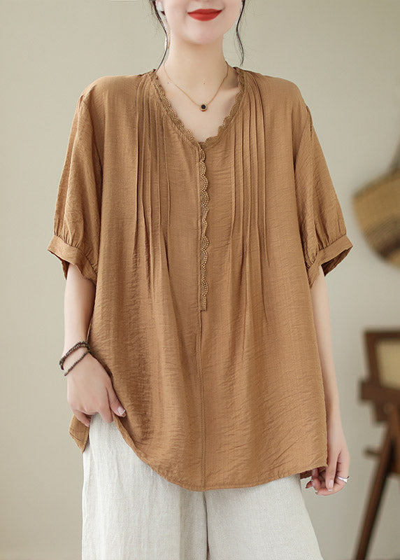 Coffee V Neck Wrinkled Linen Top Summer