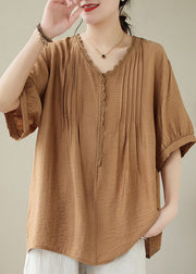 Coffee V Neck Wrinkled Linen Top Summer