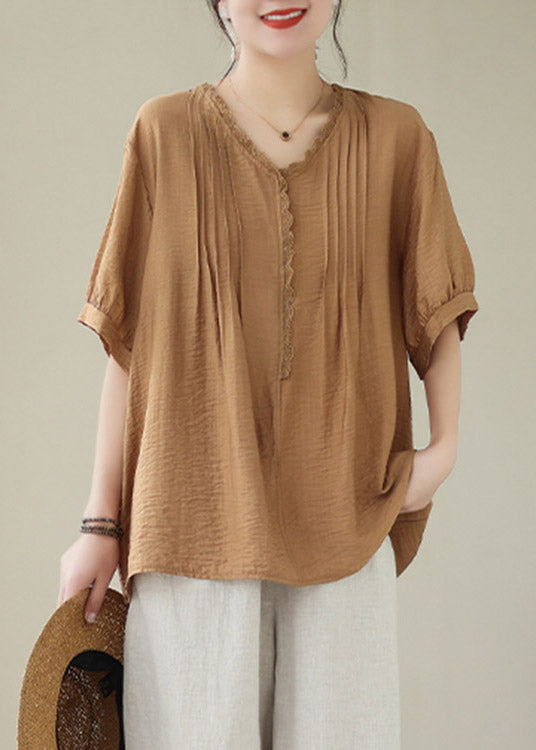 Coffee V Neck Wrinkled Linen Top Summer