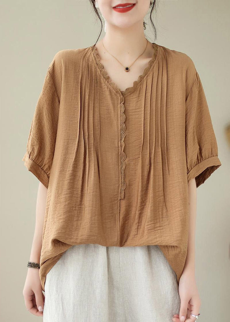 Coffee V Neck Wrinkled Linen Top Summer