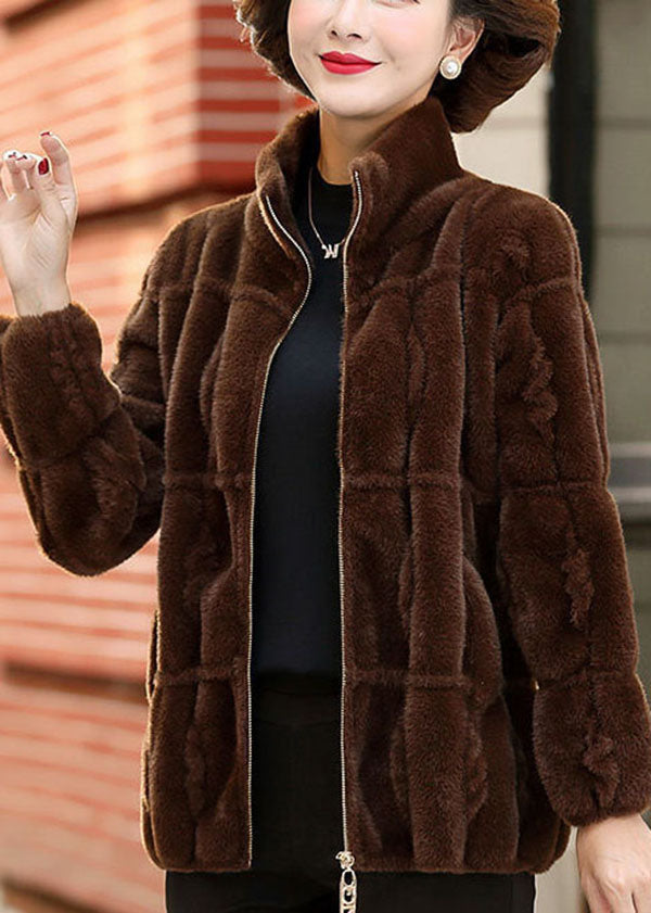 Chocolate Warm Mink Hair Knitted Jackets Zip Up Pockets Winter