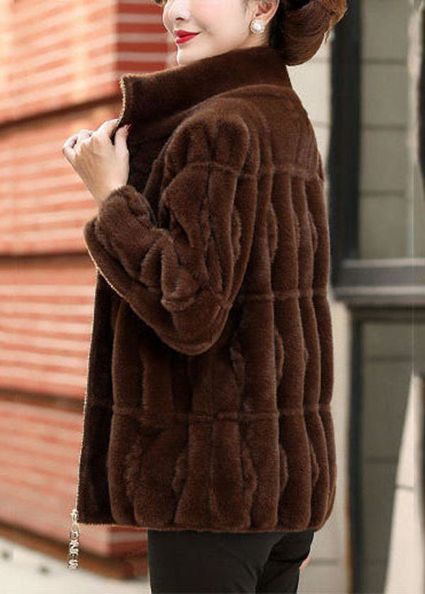 Chocolate Warm Mink Hair Knitted Jackets Zip Up Pockets Winter