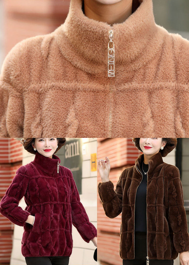 Chocolate Warm Mink Hair Knitted Jackets Zip Up Pockets Winter