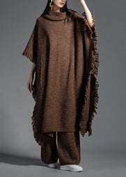 Coffee Wool Knit Dress Turtle Neck Tasseled Half Sleeve