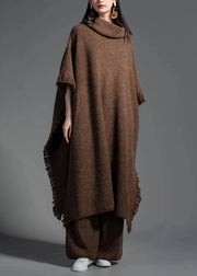 Coffee Wool Knit Dress Turtle Neck Tasseled Half Sleeve