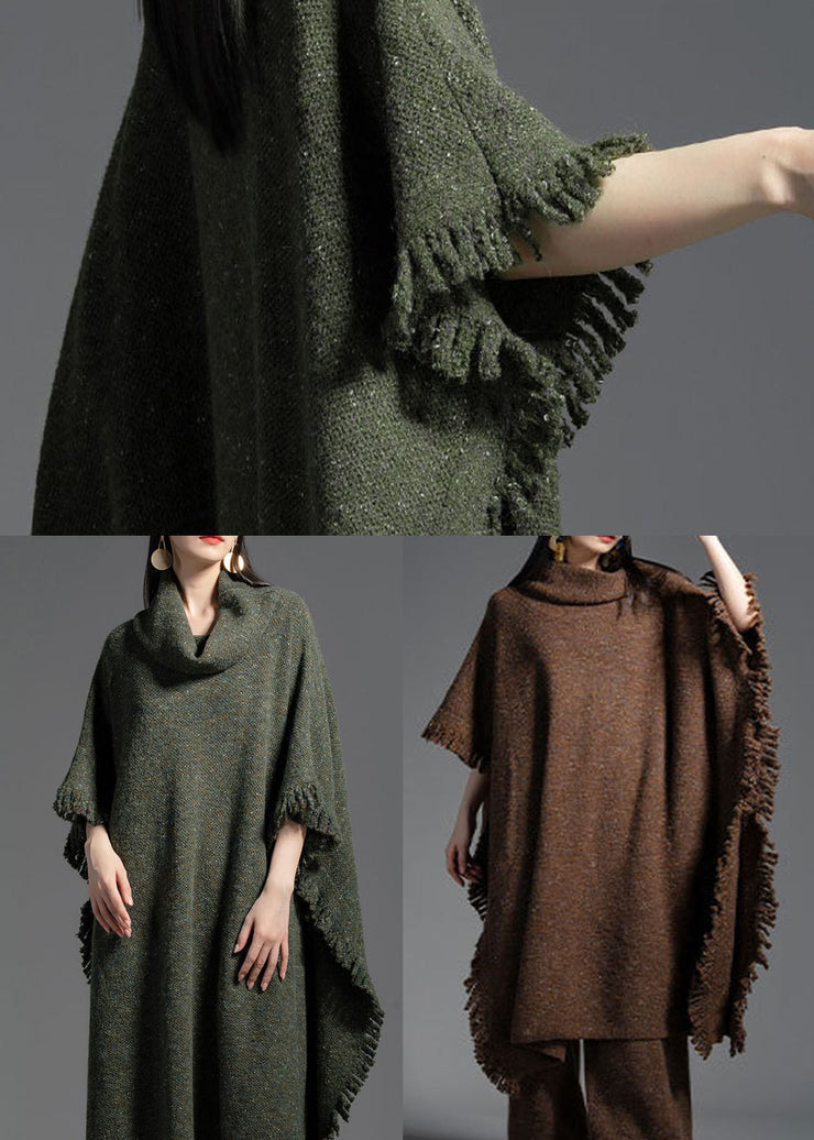 Coffee Wool Knit Dress Turtle Neck Tasseled Half Sleeve