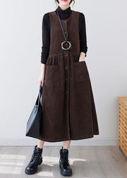 Coffee Wrinkled Button Corduroy Long Dresses Sleeveless