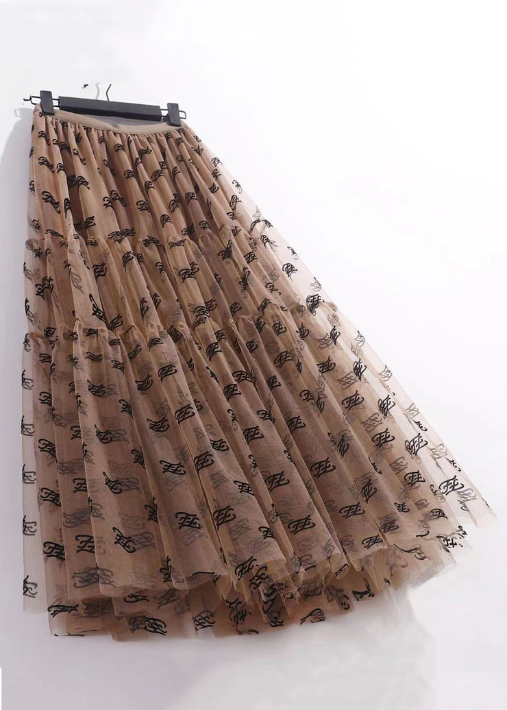 Coffee Wrinkled Tulle Skirt High Waist Summer