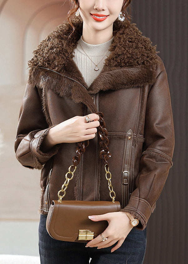 Coffee Zip Up Patchwork Fuzzy Fur Coats Fur Collar Long Sleeve