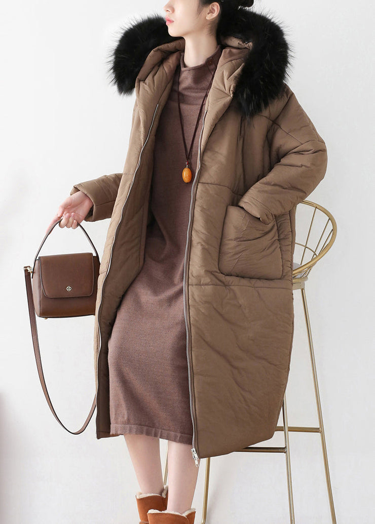 Chocolate Zippered Thick Hooded Maxi Parka Winter