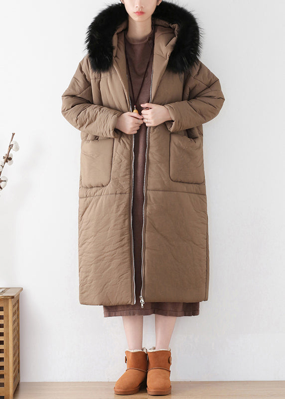 Chocolate Zippered Thick Hooded Maxi Parka Winter