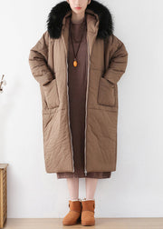 Chocolate Zippered Thick Hooded Maxi Parka Winter