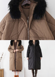 Chocolate Zippered Thick Hooded Maxi Parka Winter