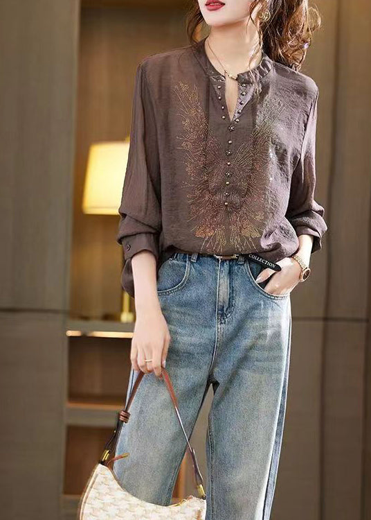 Coffee Zircon Patchwork Loose Chiffon Shirts Top V Neck Fall