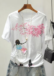 Colorblock Cartoon Print Cotton Top O Neck Short Sleeve