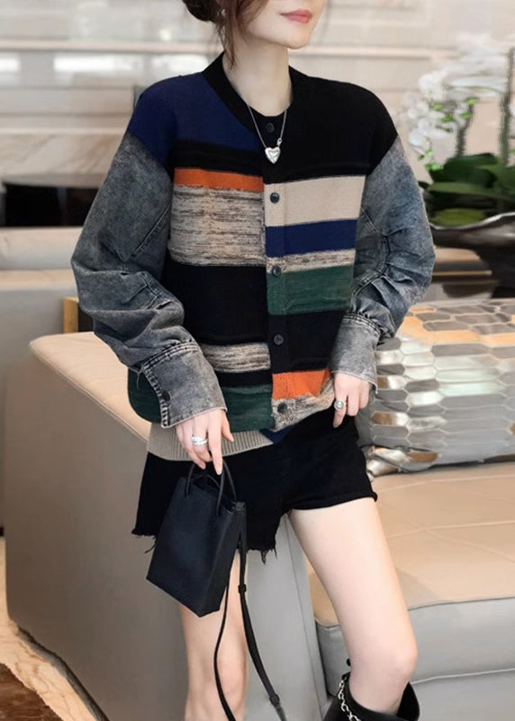 Colorblock Denim Patchwork Knitted Sweater Coat Women Autumn And Winter 2023