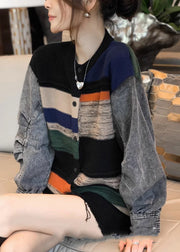 Colorblock Denim Patchwork Knitted Sweater Coat Women Autumn And Winter 2024