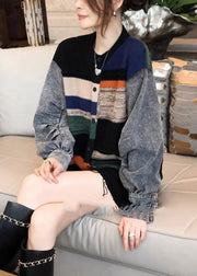 Colorblock Denim Patchwork Knitted Sweater Coat Women Autumn And Winter 2023