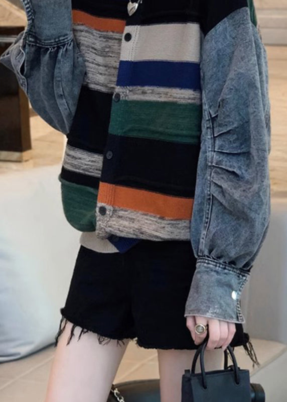 Colorblock Denim Patchwork Knitted Sweater Coat Women Autumn And Winter 2024