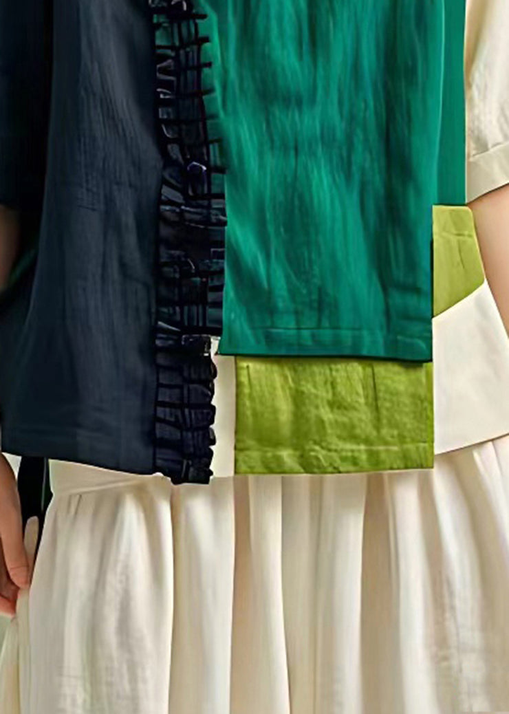Colorblock Linen Shirt Top Asymmetrical Design Summer