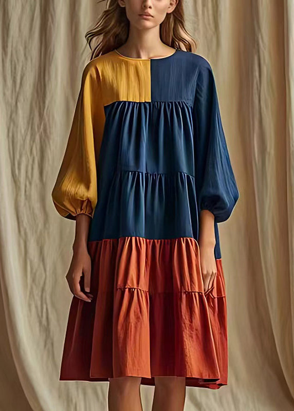 Colorblock Patchwork Cotton Long Dress Wrinkled Lantern Sleeve