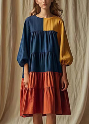 Colorblock Patchwork Cotton Long Dress Wrinkled Lantern Sleeve