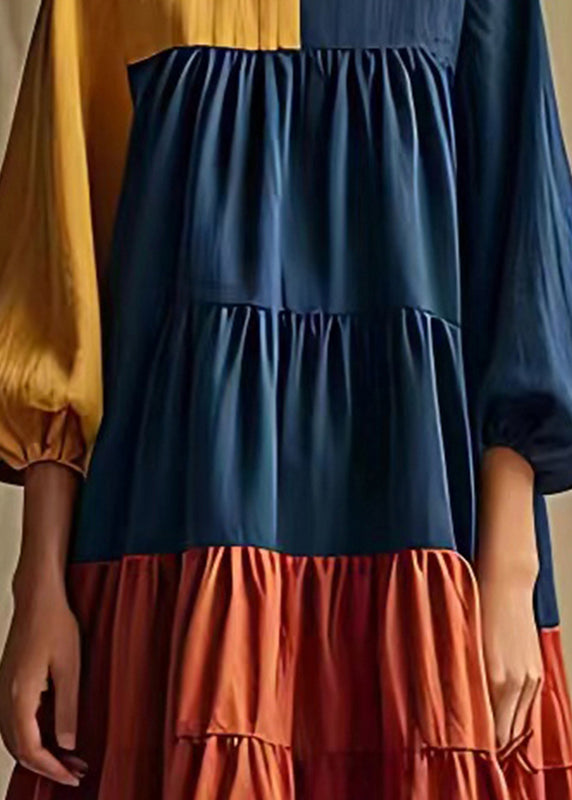 Colorblock Patchwork Cotton Long Dress Wrinkled Lantern Sleeve