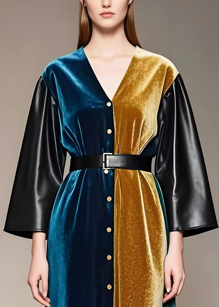 Colorblock Patchwork Leather Silk Velour Cinched Dress V Neck Spring