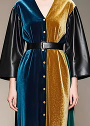 Colorblock Patchwork Leather Silk Velour Cinched Dress V Neck Spring